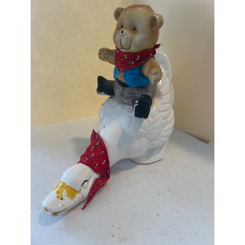 Vintage Ceramic Teddy Bear Riding Goose Figurine Red Bandana Folk Art Decor